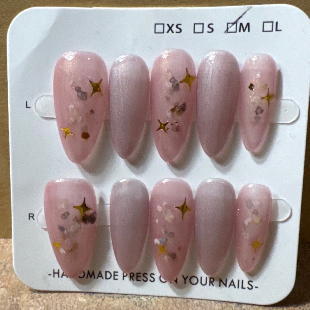 Press‎ On Nails Pink Almond Gold Star Celestial Glitter Size Medium 10pc